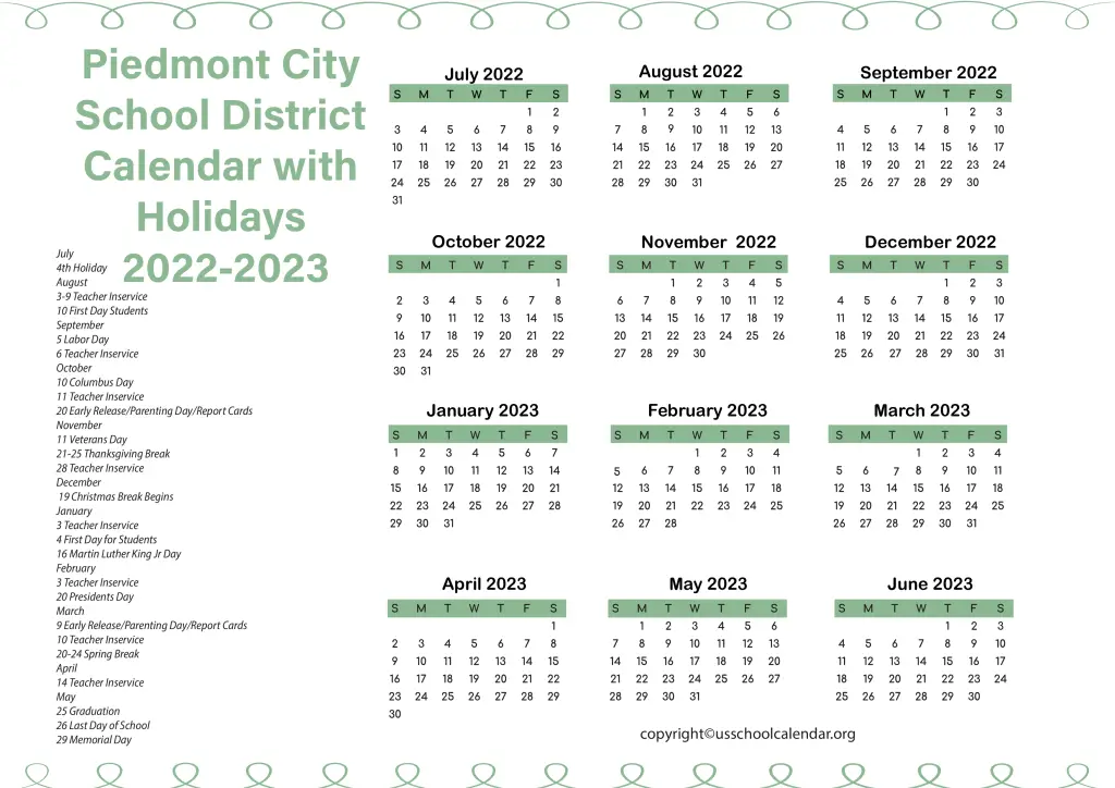Piedmont City School District Calendar with Holidays 2022-2023 2