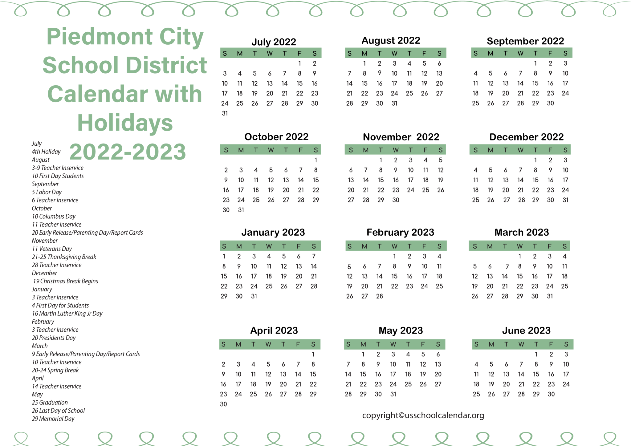 Piedmont City School District Calendar with Holidays 2023