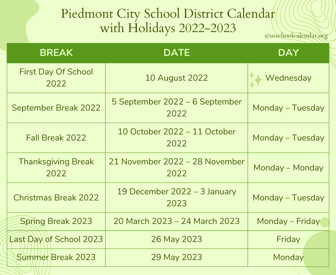Piedmont City School District Calendar With Holidays 2022 2023 
