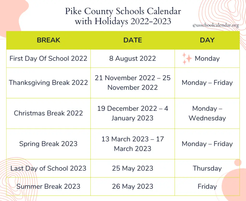 Pike County Schools Calendar with Holidays 2022-2023
