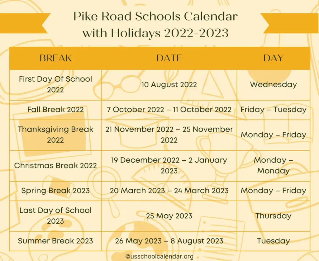 Pike Road Schools Calendar with Holidays 2022-2023