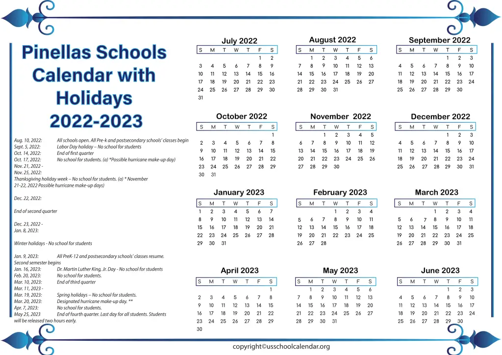 Pinellas Schools Calendar with Holidays 2022-2023