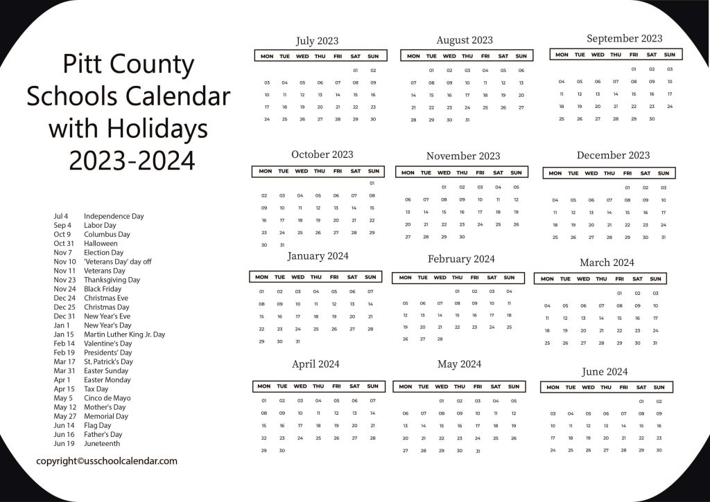 Pitt County School District Calendar