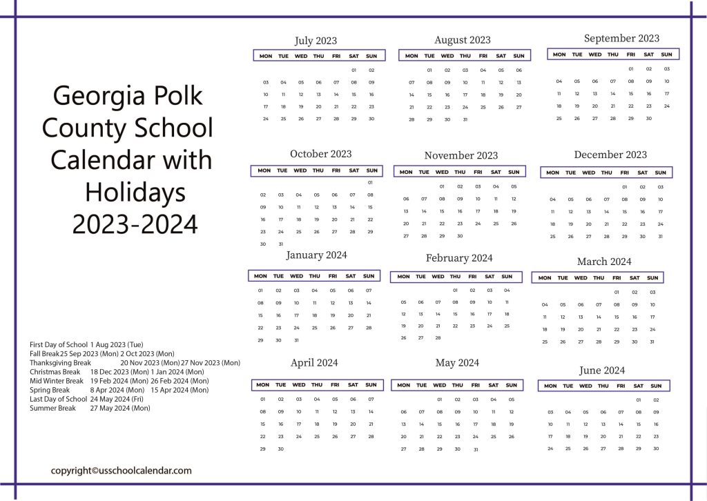 Polk County Georgia School District Calendar