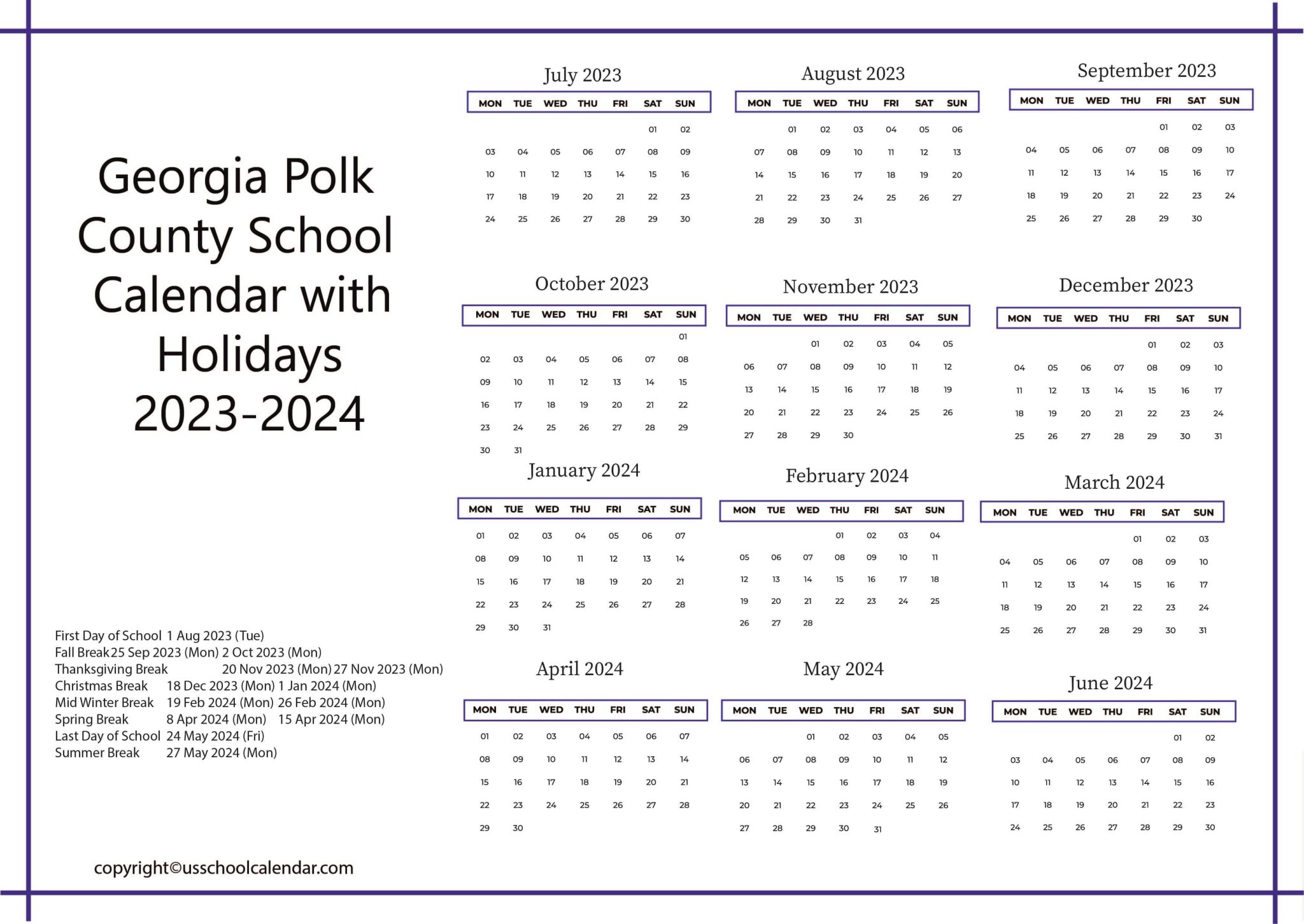 Polk County School Calendar with Holidays 20232024