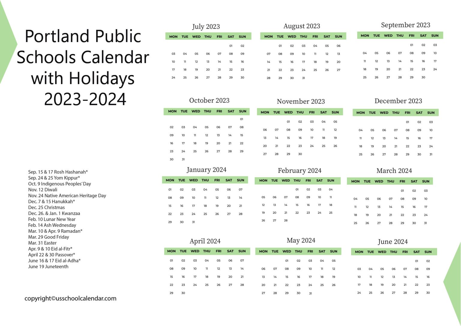 Portland Public Schools Calendar with Holidays 20232024