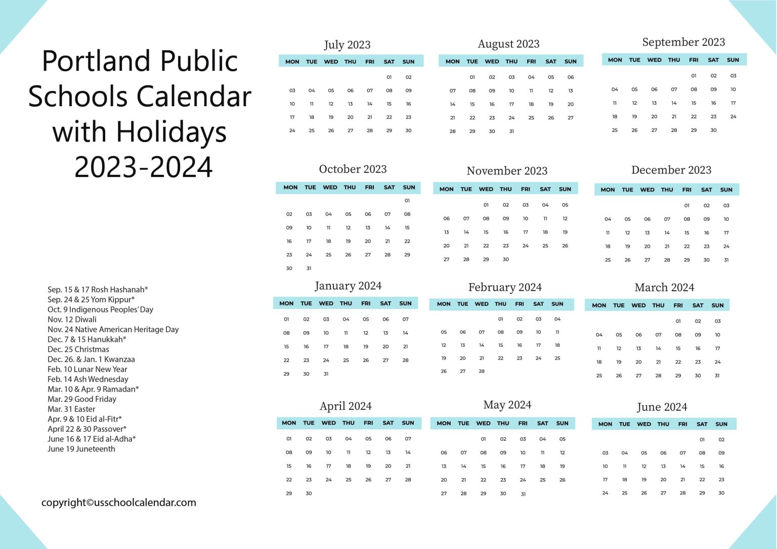 Portland Public Schools Calendar with Holidays 20232024