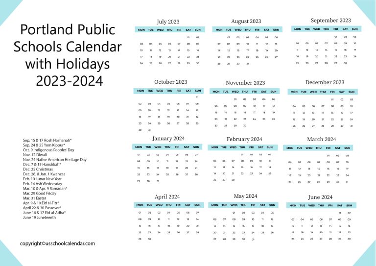 Portland Public Schools Calendar with Holidays 2023-2024