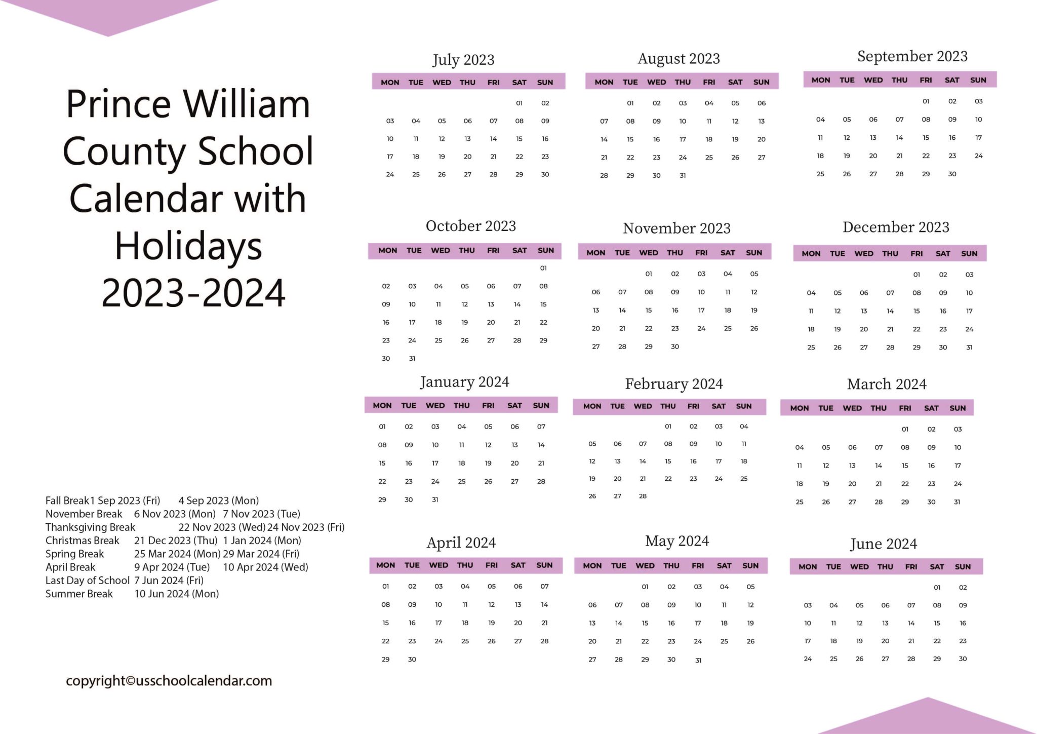 Prince William County School Calendar with Holidays 20252025