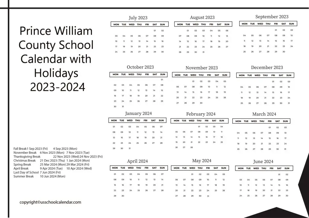 Prince William County School District Calendar