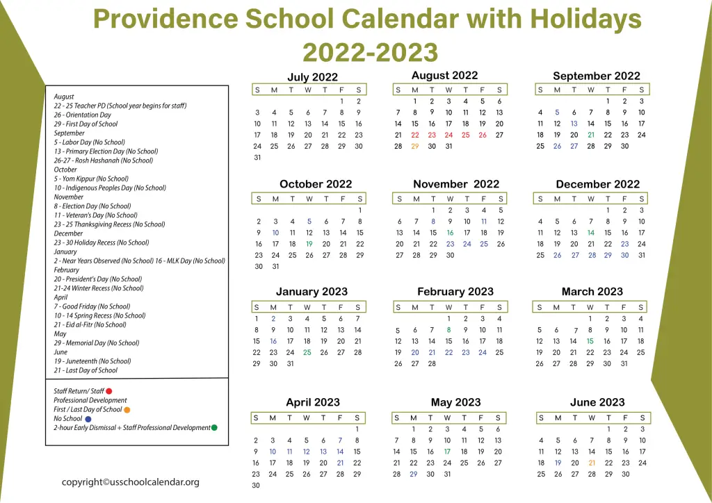 Providence School Calendar with Holidays 20222023
