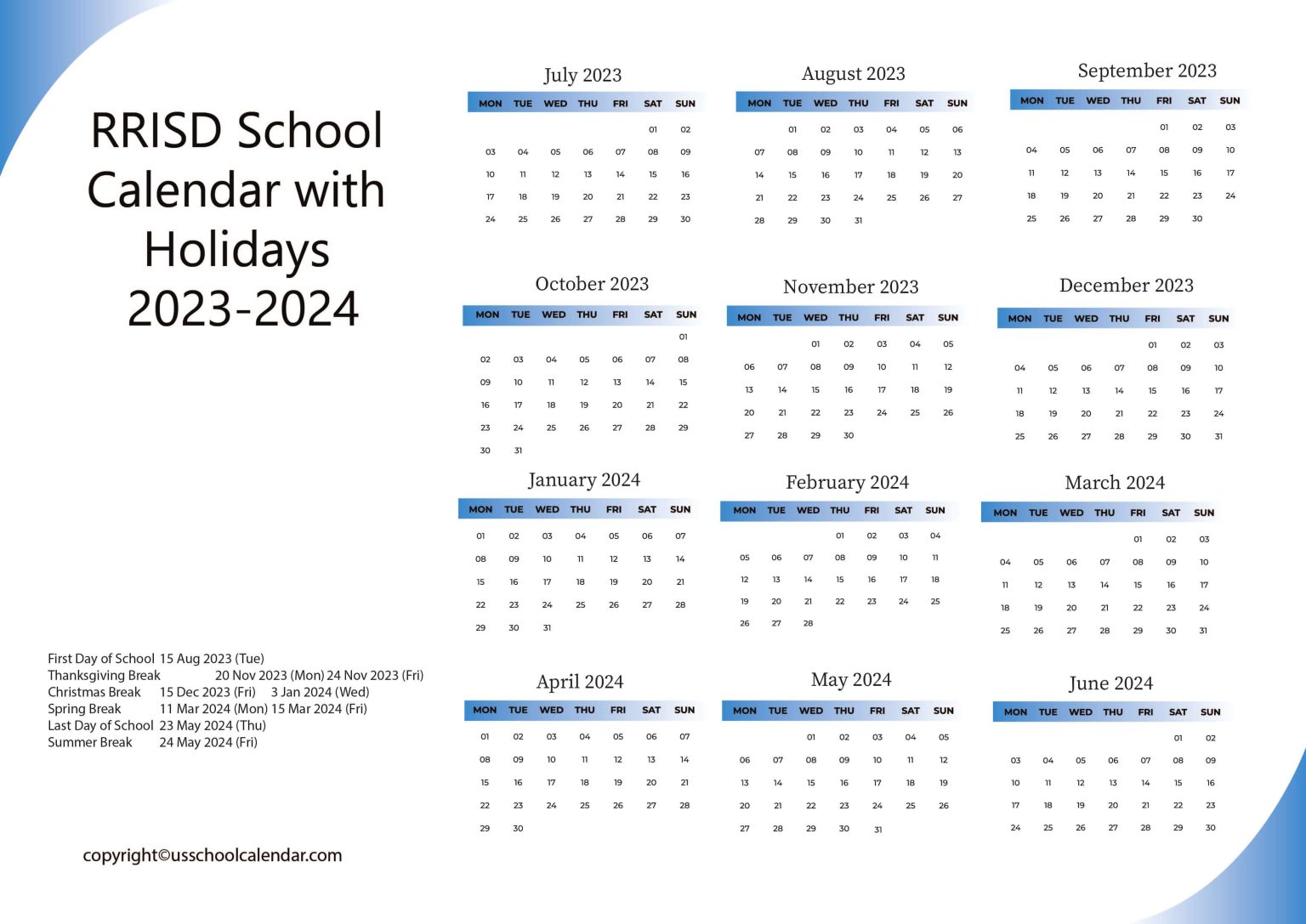 RRISD School Calendar with Holidays 20232024 [River Road ISD]