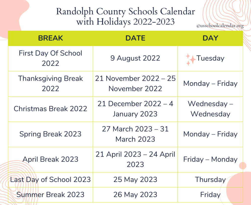 Randolph County Schools Calendar with Holidays 2022-2023
