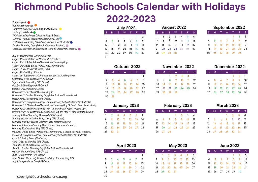 Richmond Public Schools Calendar with Holidays 2022-2023