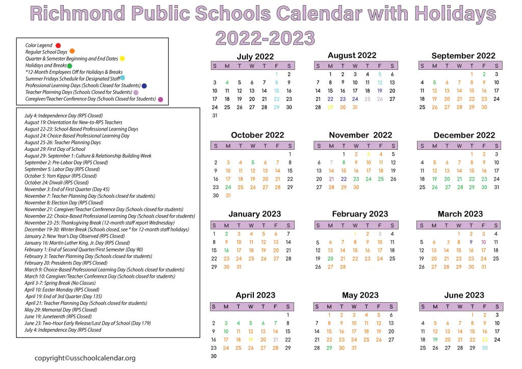 Richmond Public Schools Calendar with Holidays 2022-2023 2