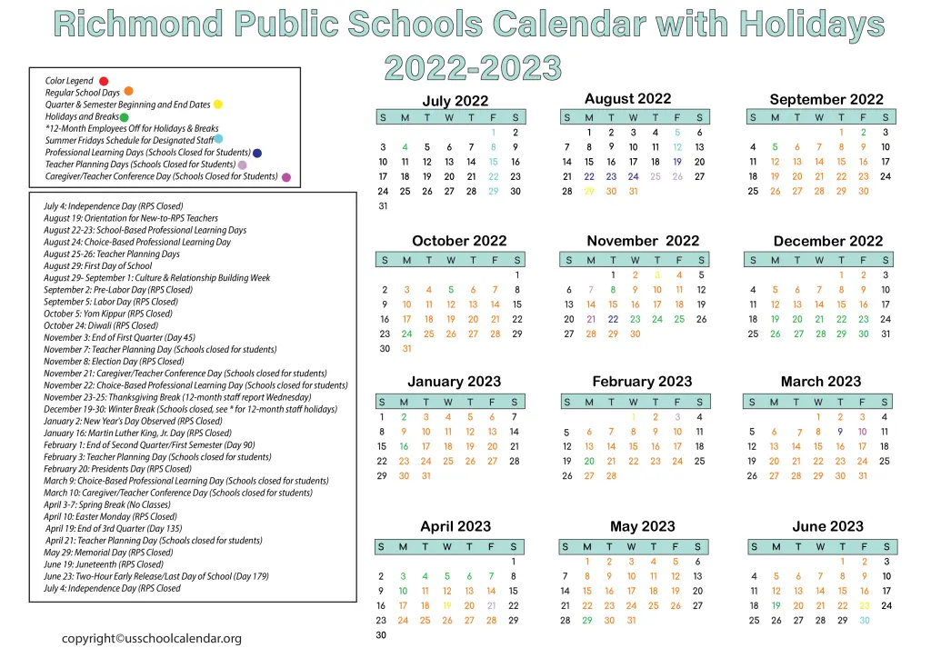 Richmond Public Schools Calendar with Holidays 2022-2023 3