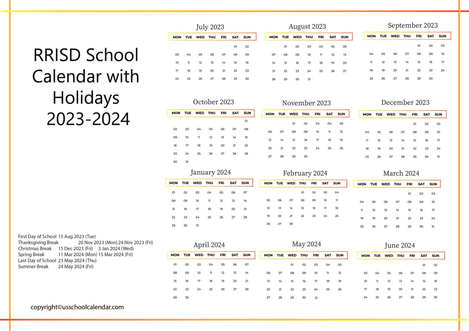 RRISD School Calendar with Holidays 20232024 [River Road ISD]