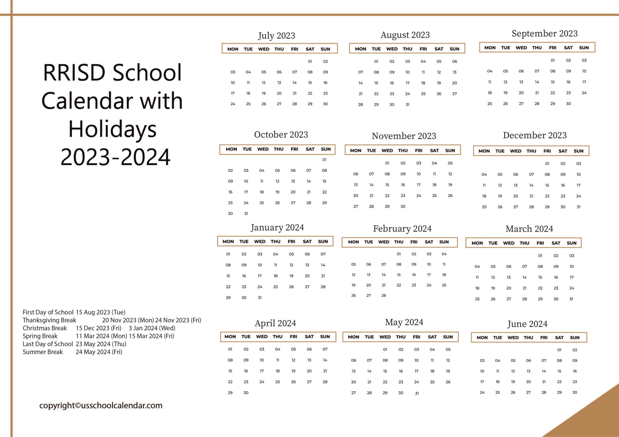 RRISD School Calendar with Holidays 20232024 [River Road ISD]