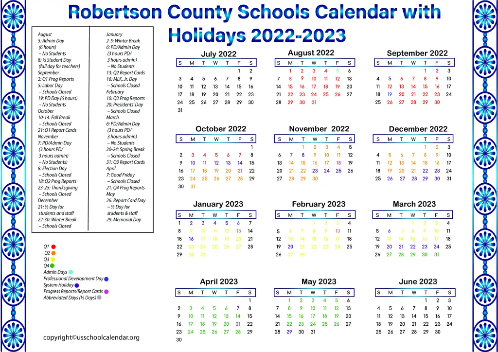 Robertson County Schools Calendar with Holidays 2022-2023