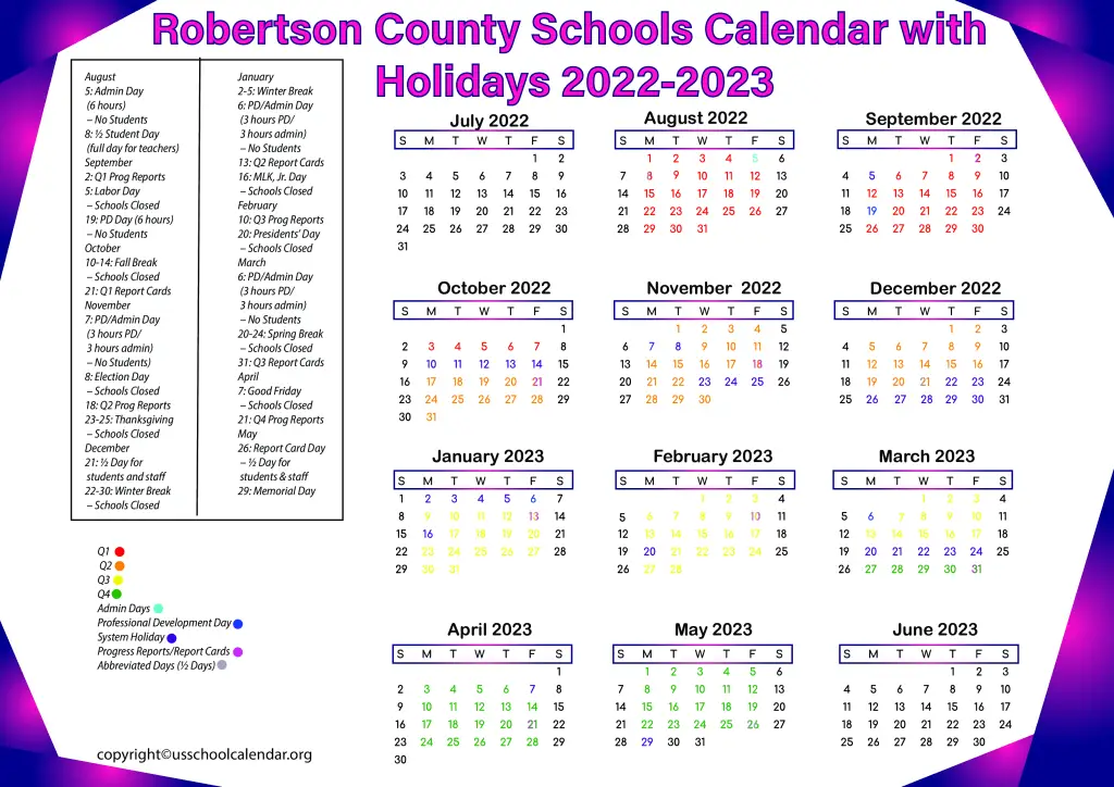Robertson County Schools Calendar with Holidays 2022-2023 2