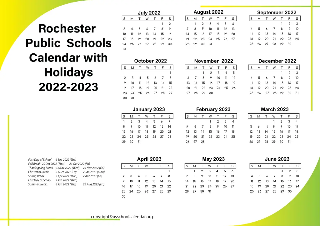Rochester Public Schools Calendar with Holidays 2022-2023