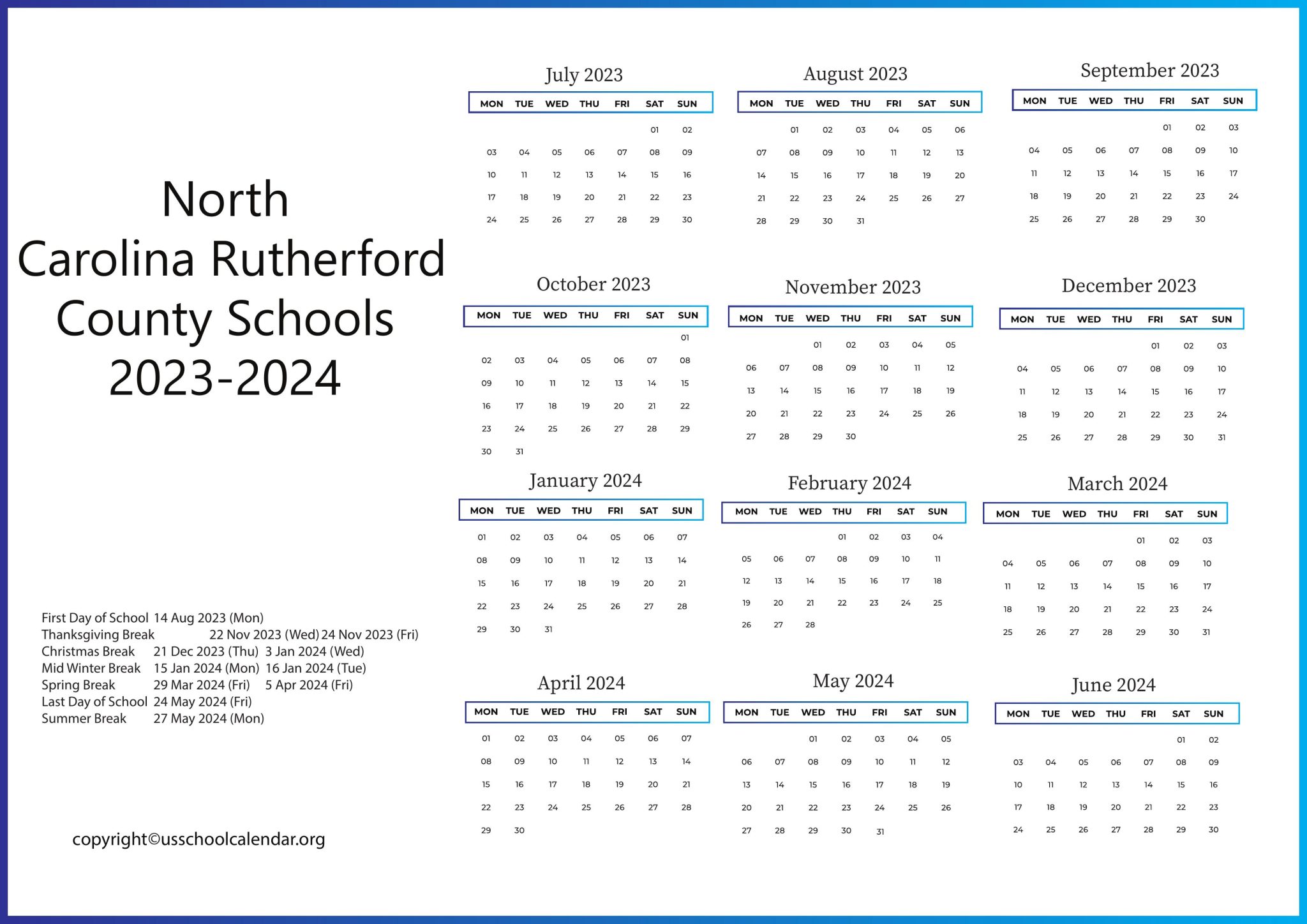 North Carolina Rutherford County Schools Calendar 20232024