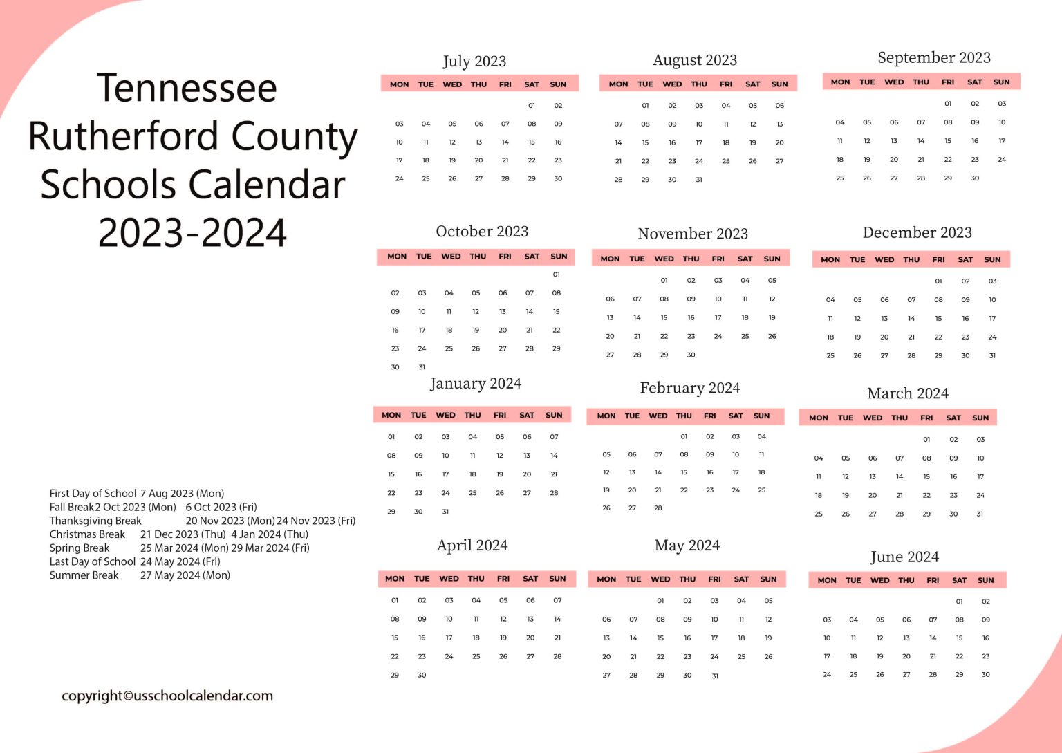 Tennessee Rutherford County Schools Calendar 20232024