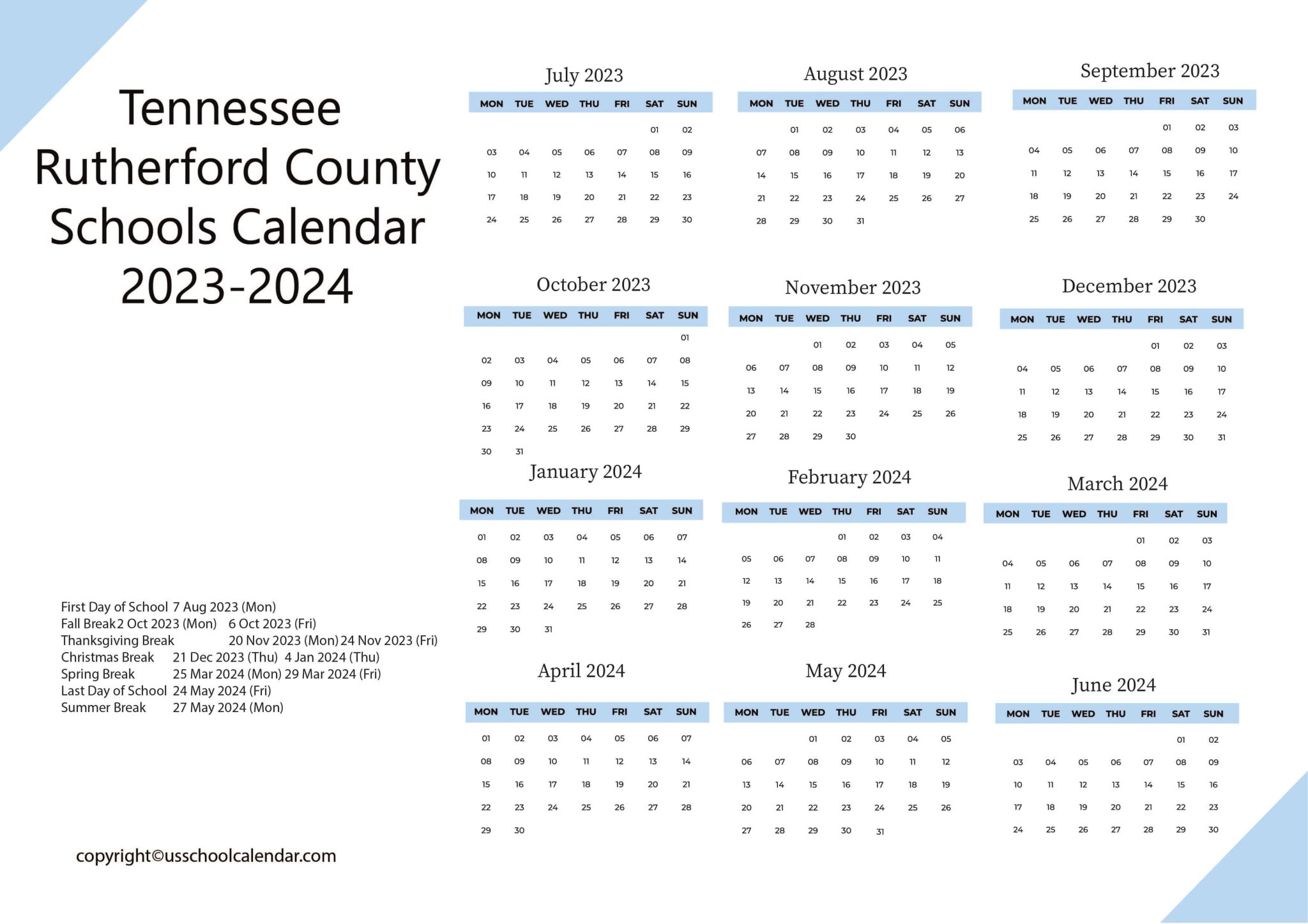 Tennessee Rutherford County Schools Calendar 2023 2024