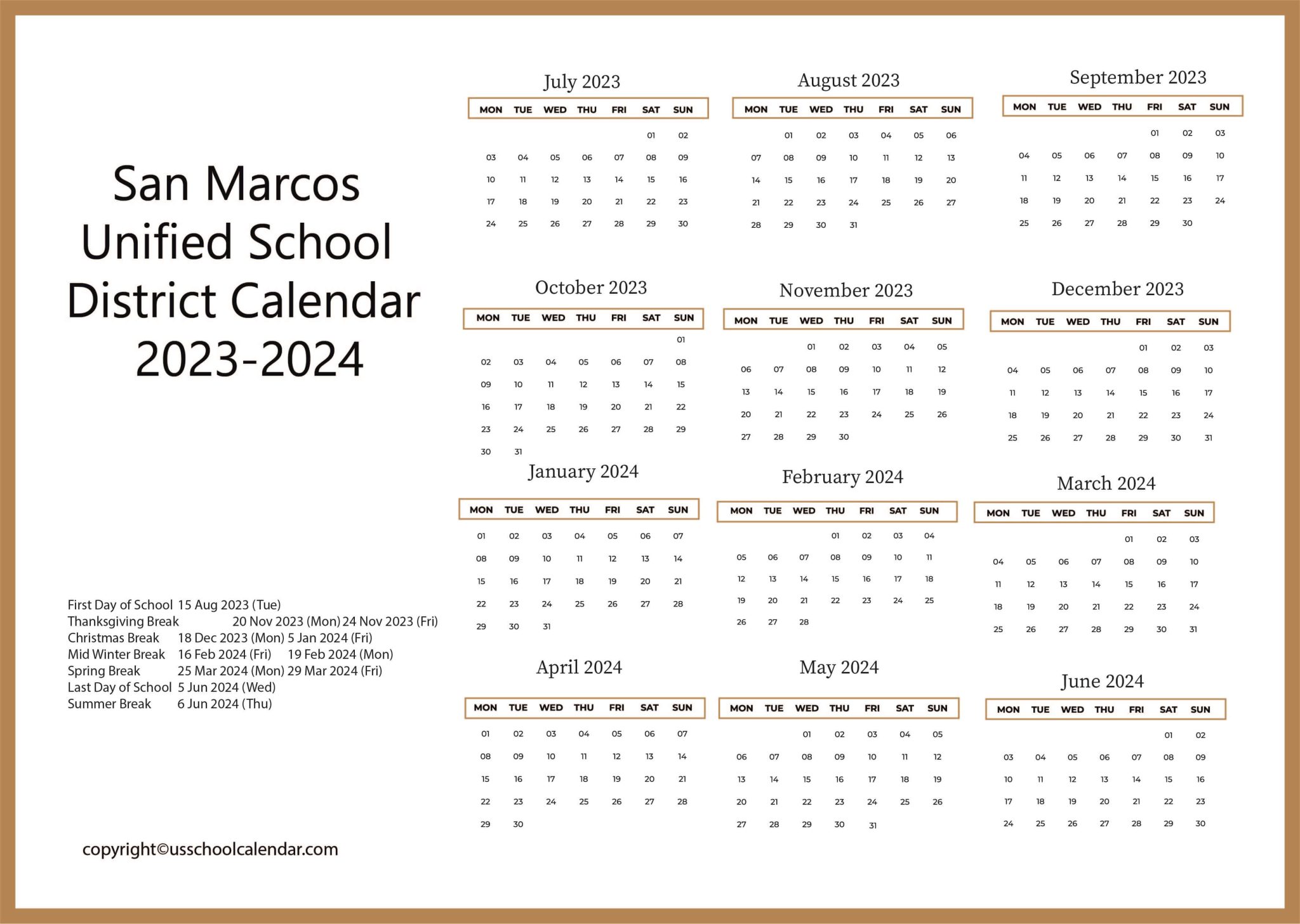 San Marcos Unified School District Calendar 20232024