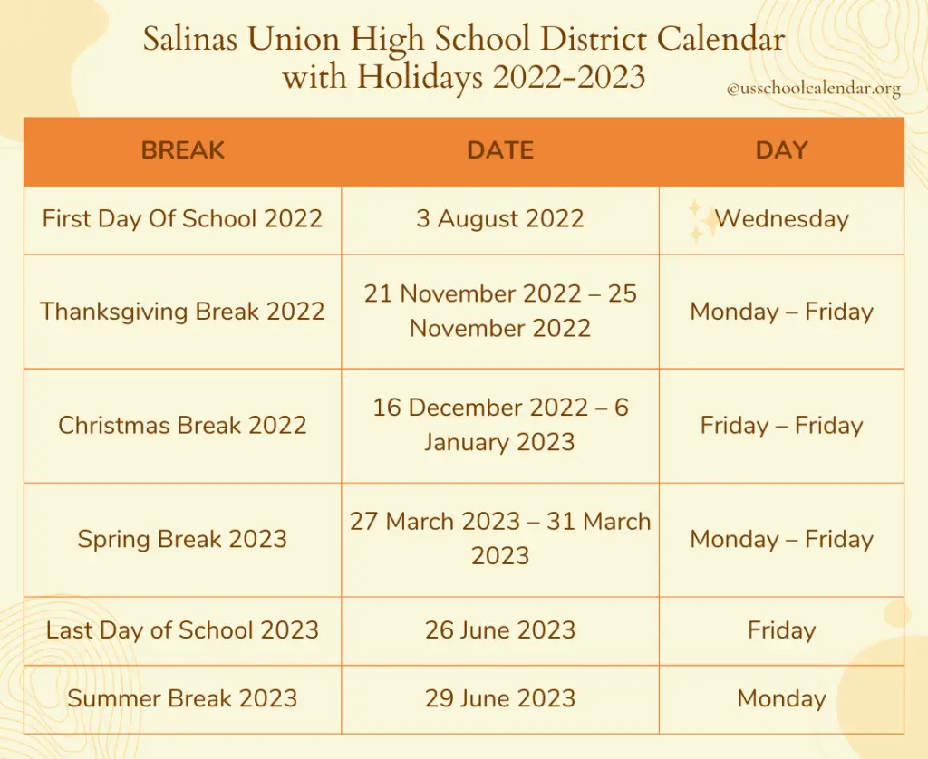 Salinas Union High School District Calendar US School Calendar