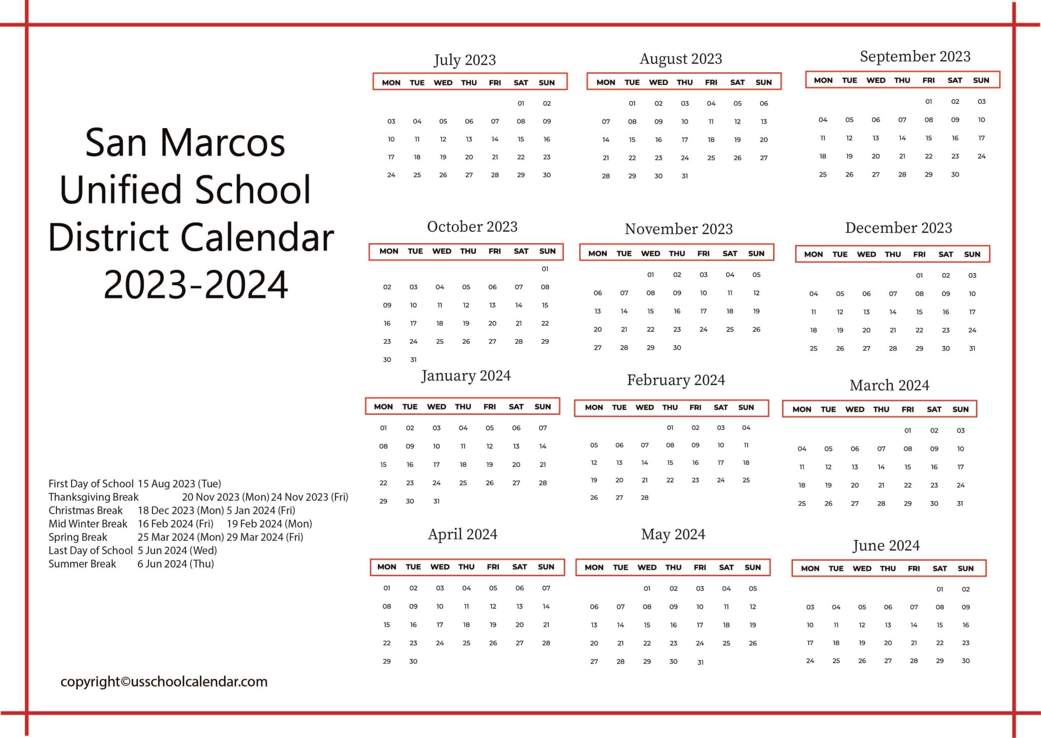 San Marcos Unified School District Calendar 2023 2024
