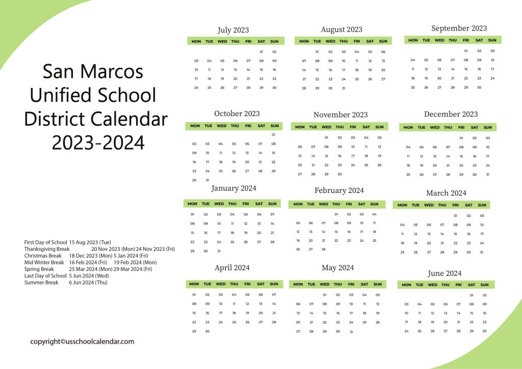 San Marcos Unified School District Calendar