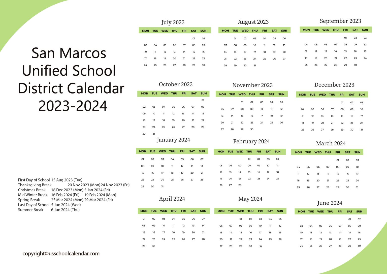 San Marcos Unified School District Calendar 20232024