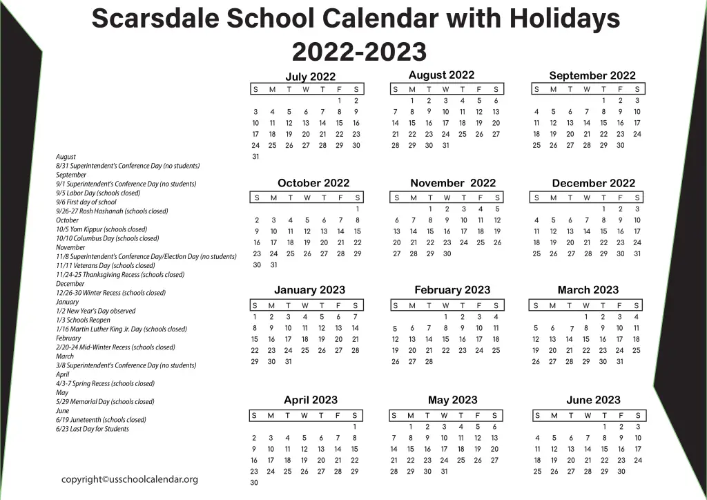 Scarsdale School Calendar with Holidays 20222023