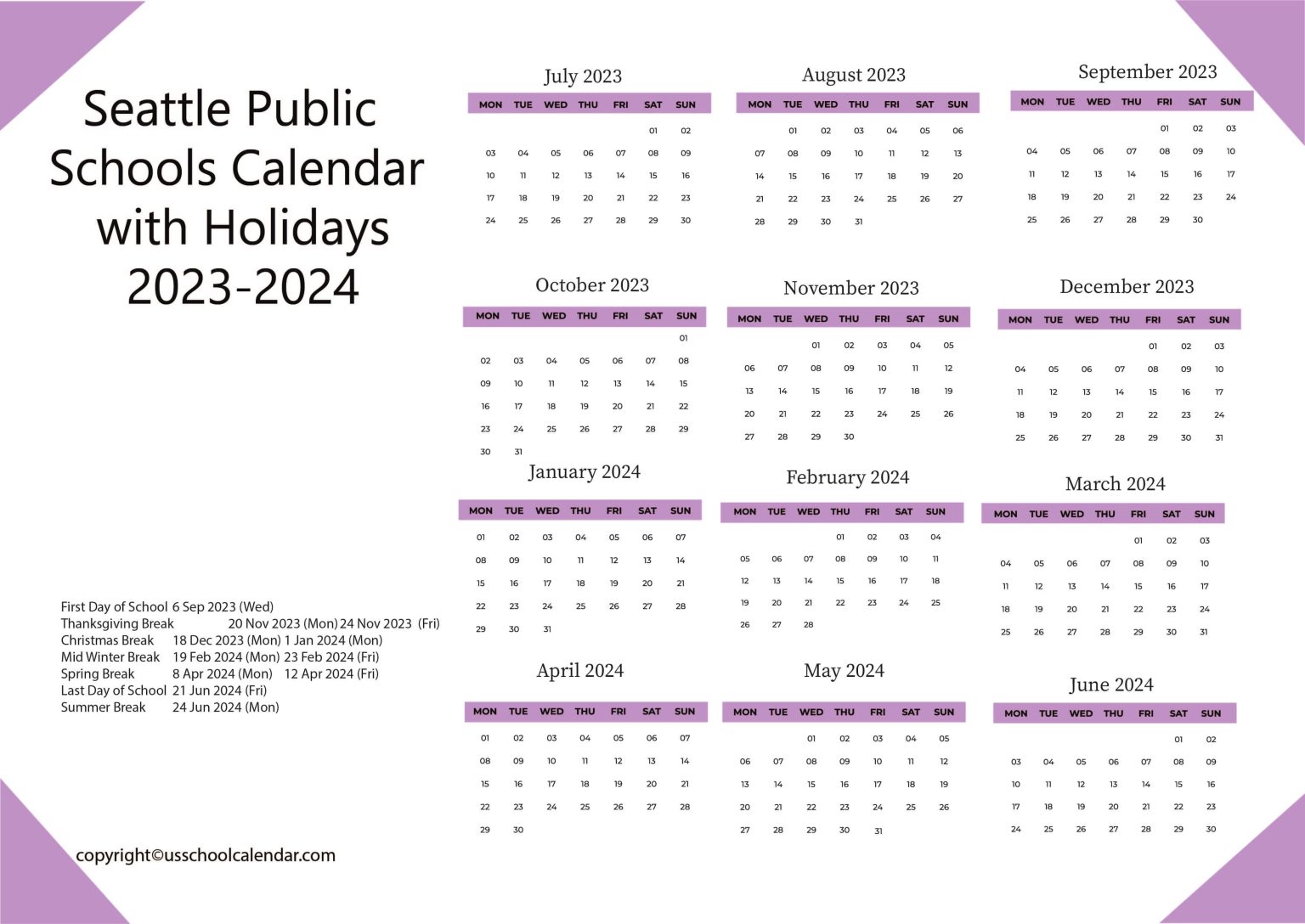 Seattle Public Schools Calendar with Holidays 20232024