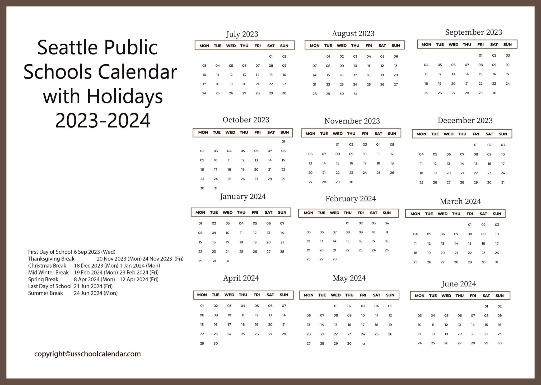 Seattle Public Schools Calendar with Holidays 20232024