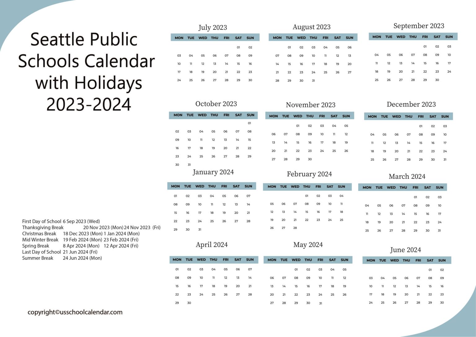 Seattle Public Schools Calendar with Holidays 2023-2024