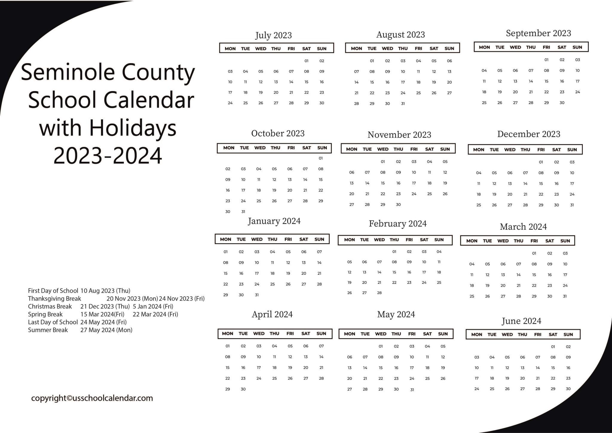 Seminole County School Calendar with Holidays 20232024