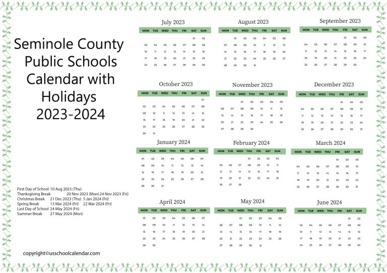 Seminole County Public Schools Calendar with Holidays 20232024