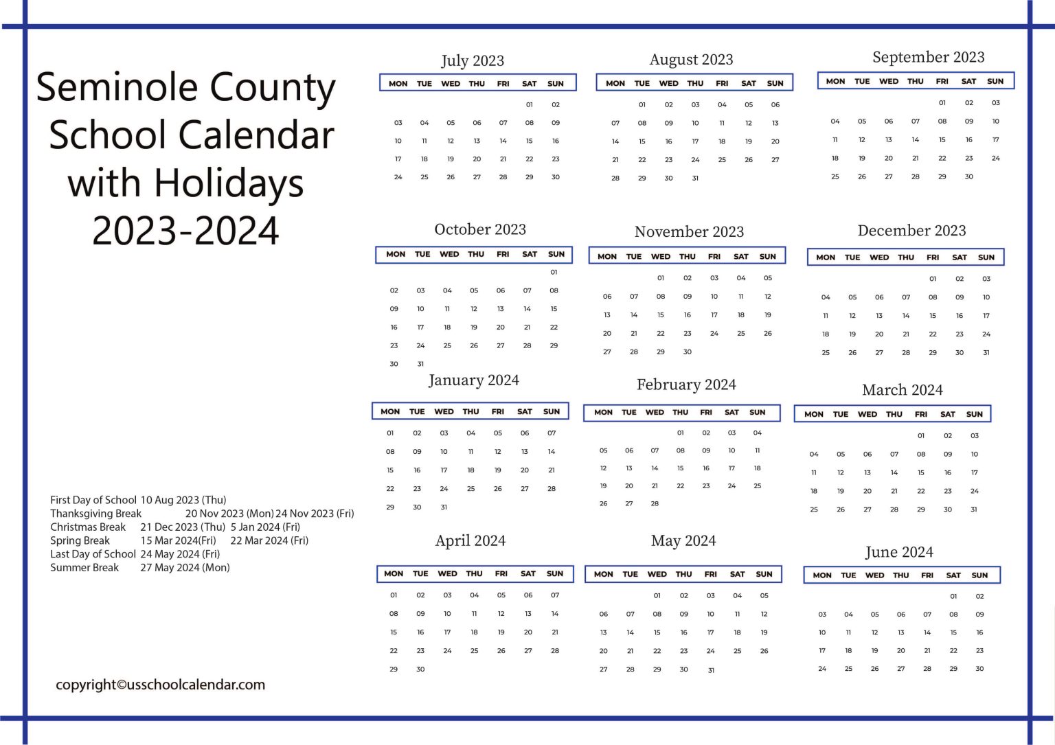 Seminole County School Calendar with Holidays 20232024