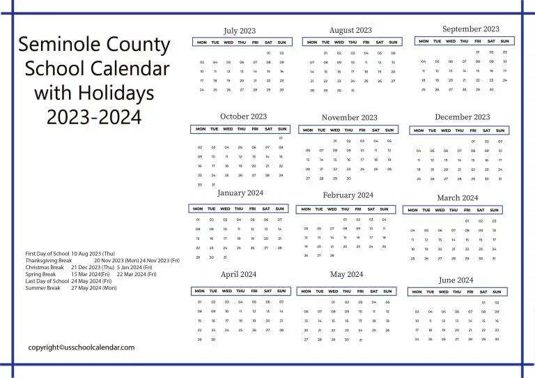 Seminole County School Calendar with Holidays 2023-2024