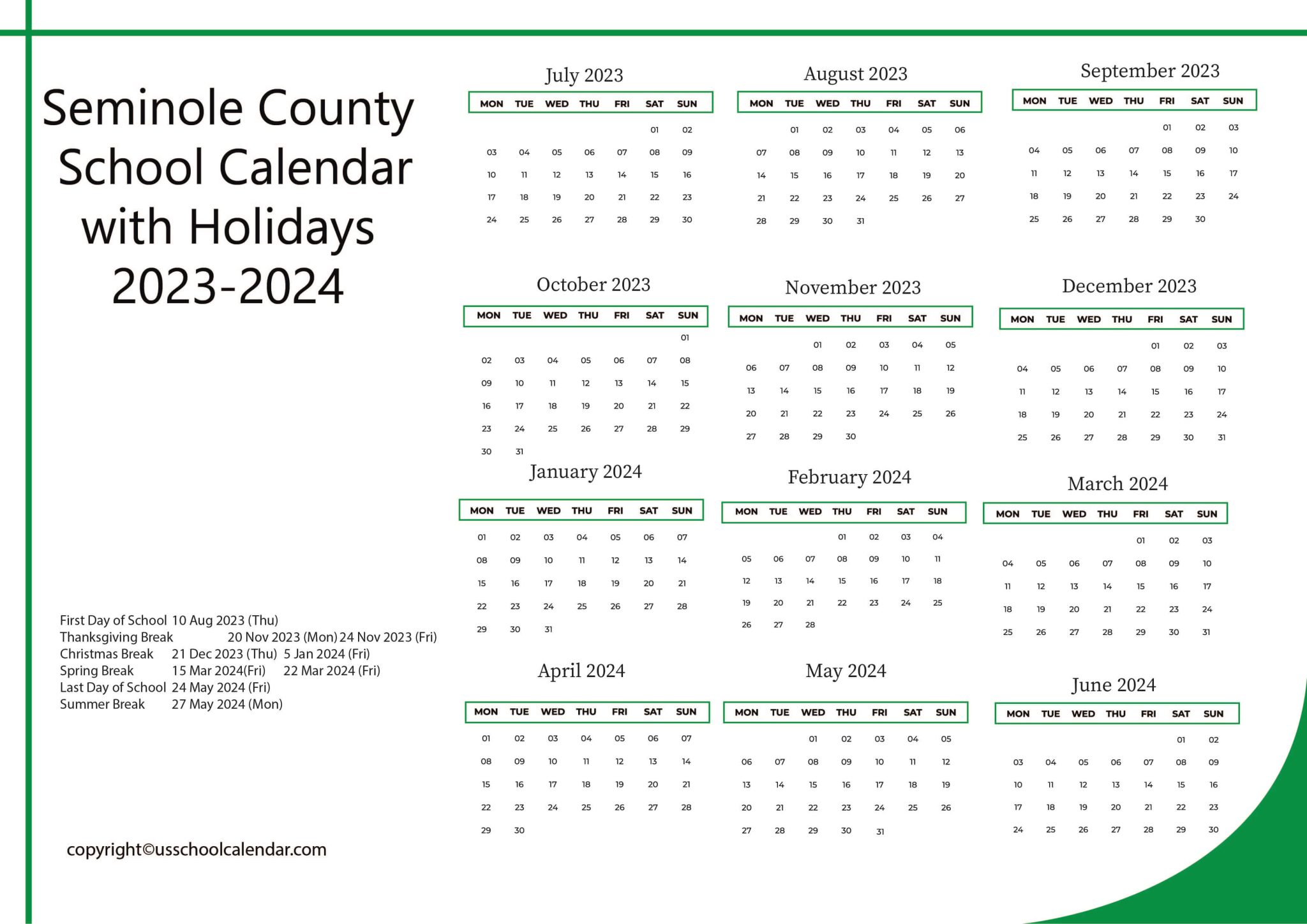 Seminole County School Calendar with Holidays 20232024