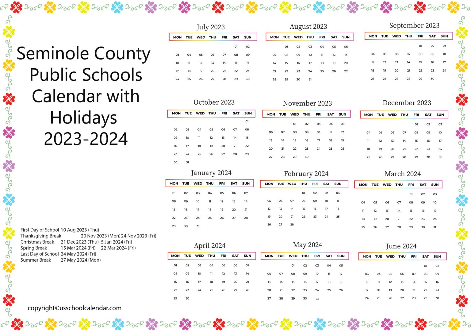 Seminole County Public Schools Calendar with Holidays 20232024