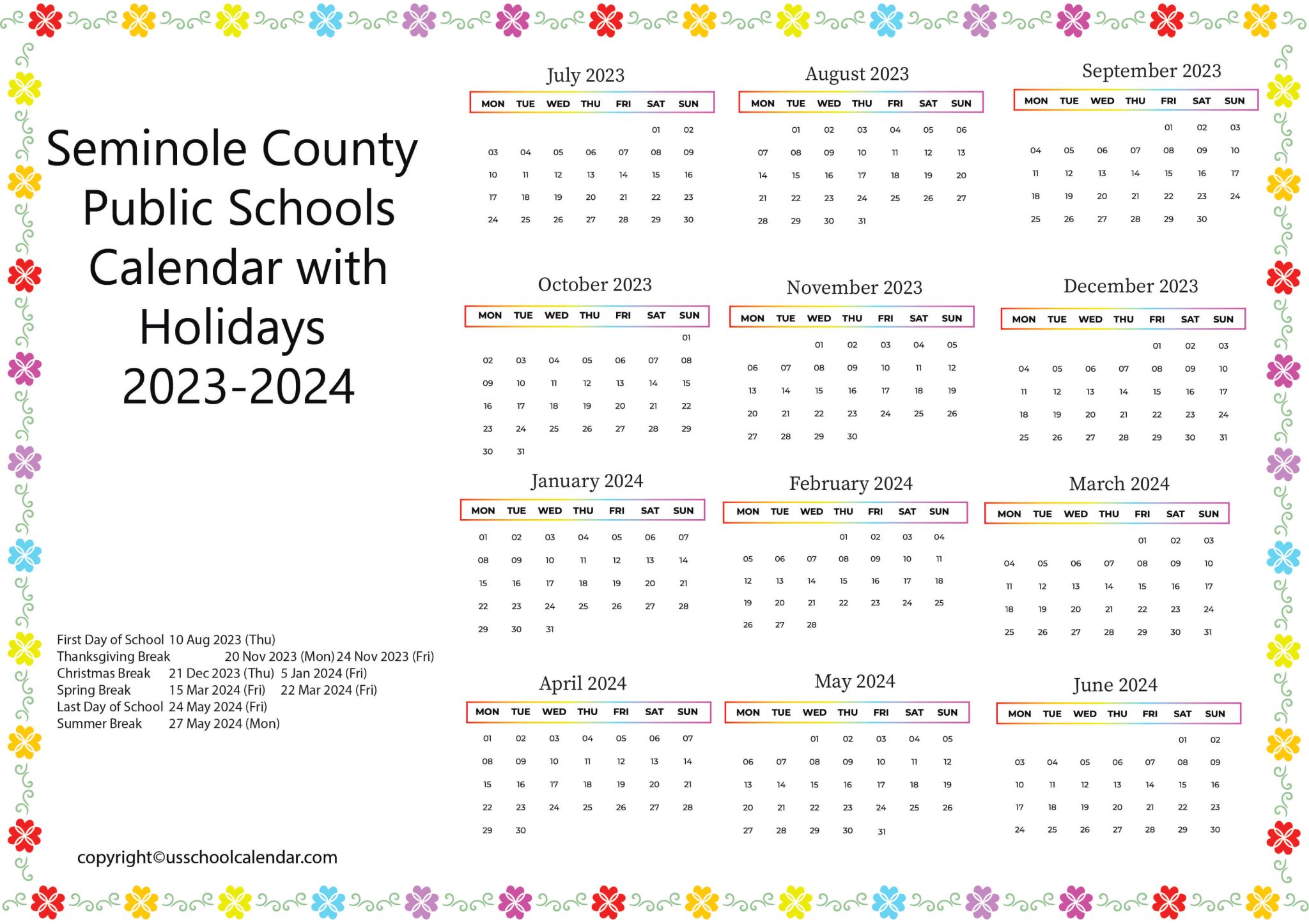 Seminole County Public Schools Calendar with Holidays 2023 2024