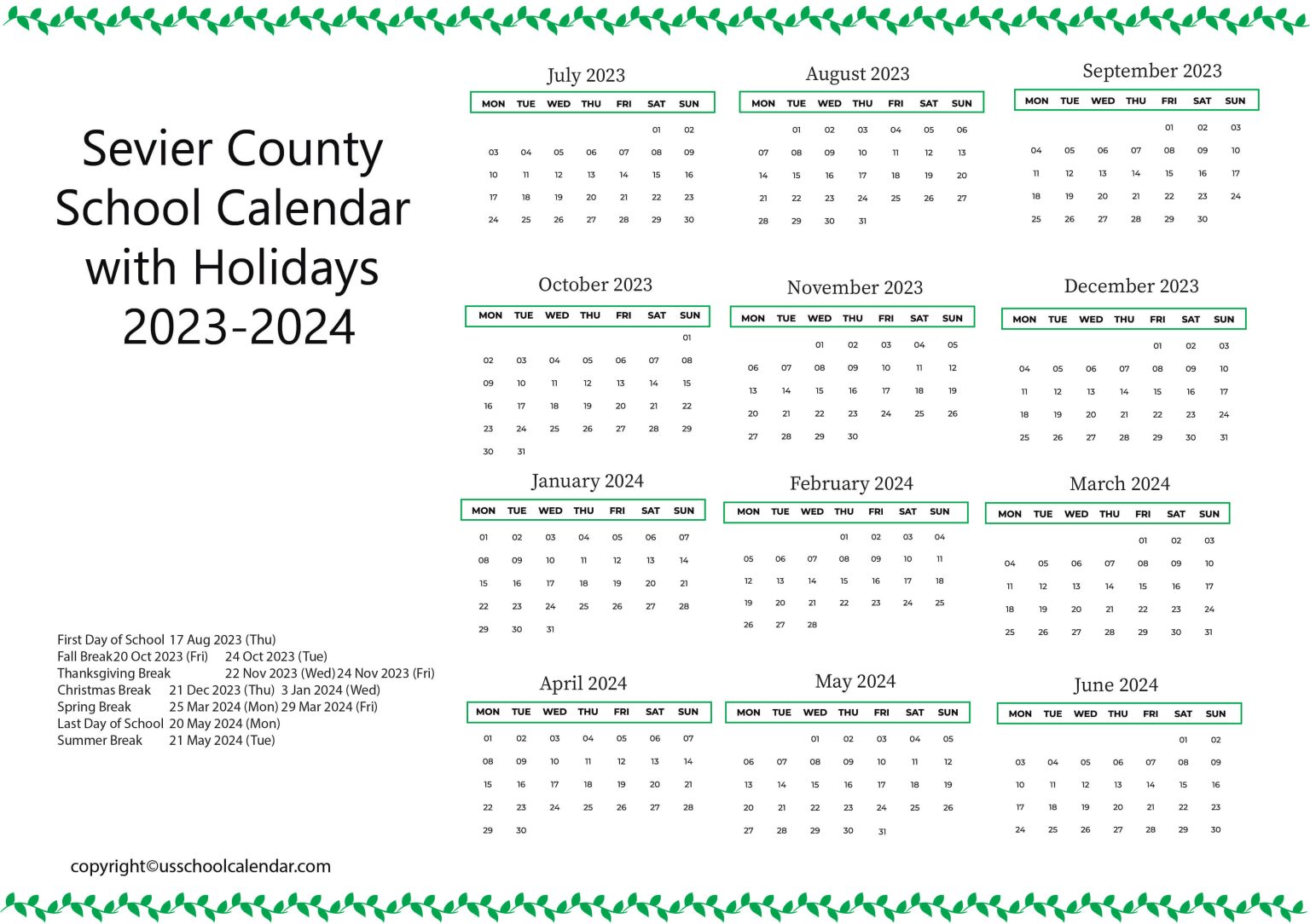 Sevier County School Calendar with Holidays 20232024