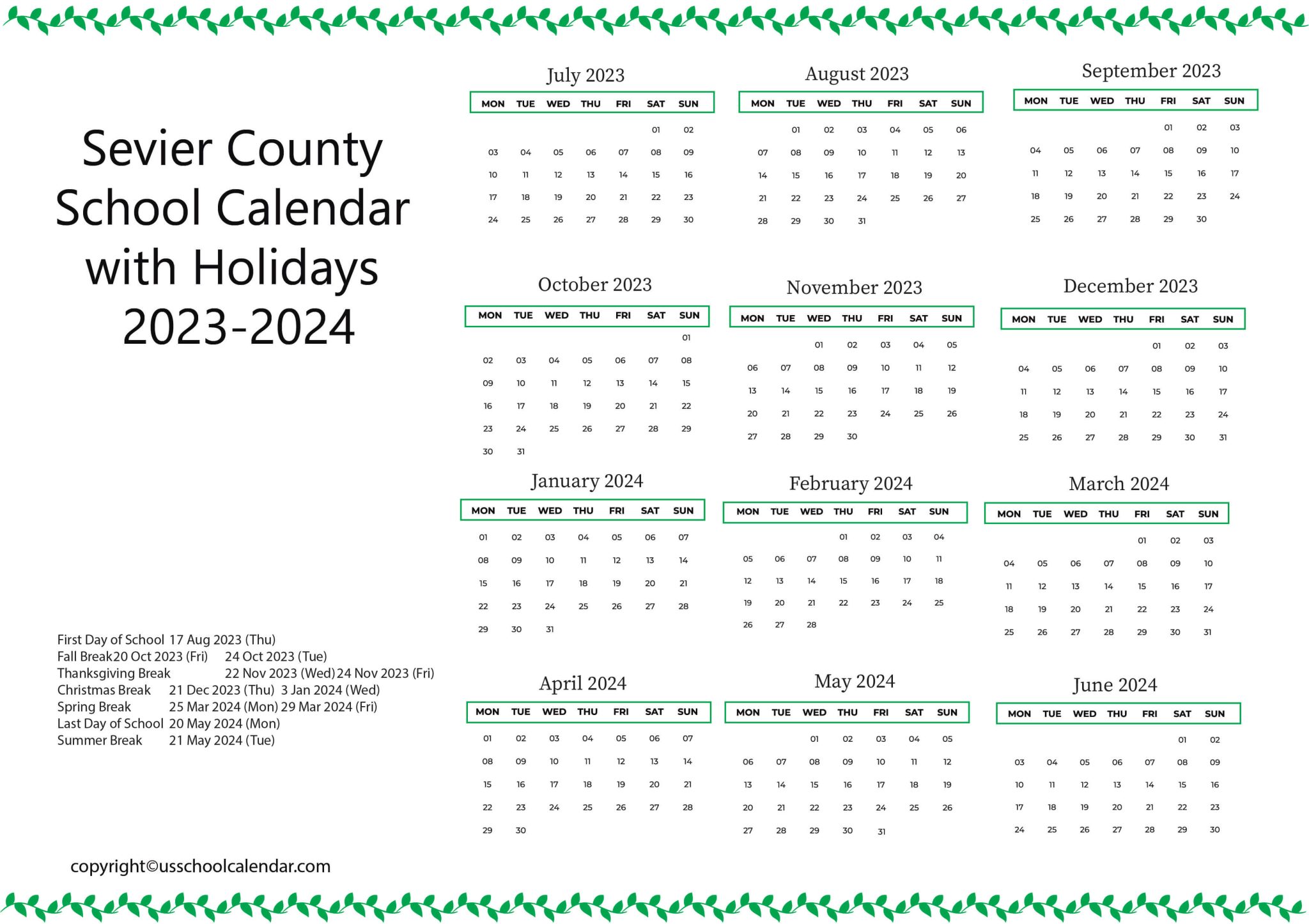 Sevier County School Calendar with Holidays 20232024