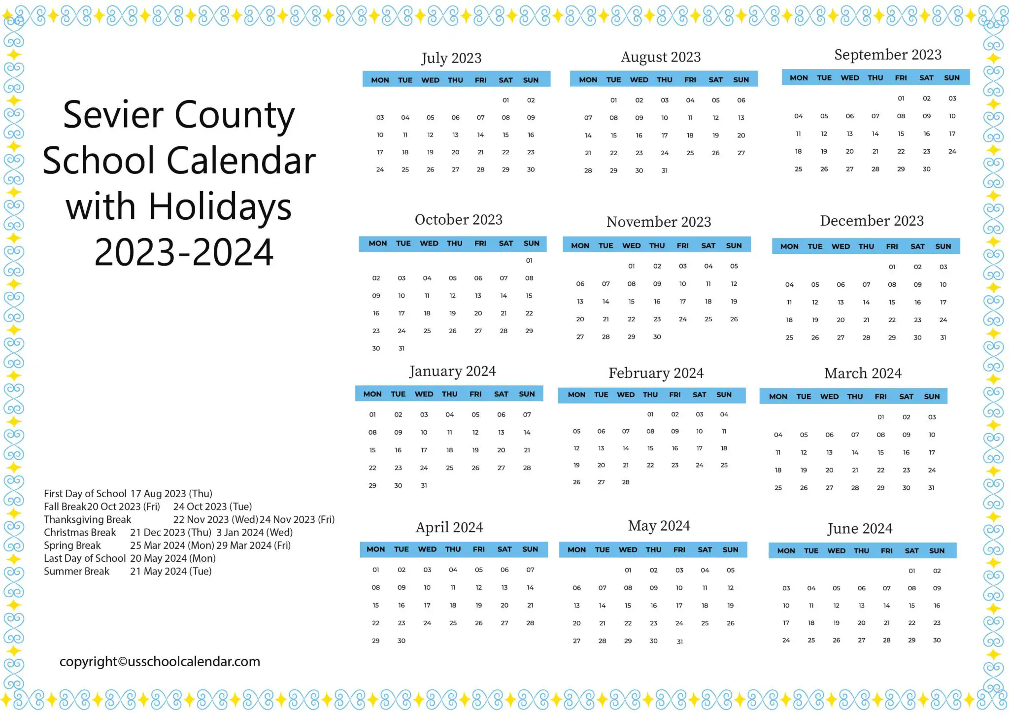 Sevier County School Calendar with Holidays 20232024