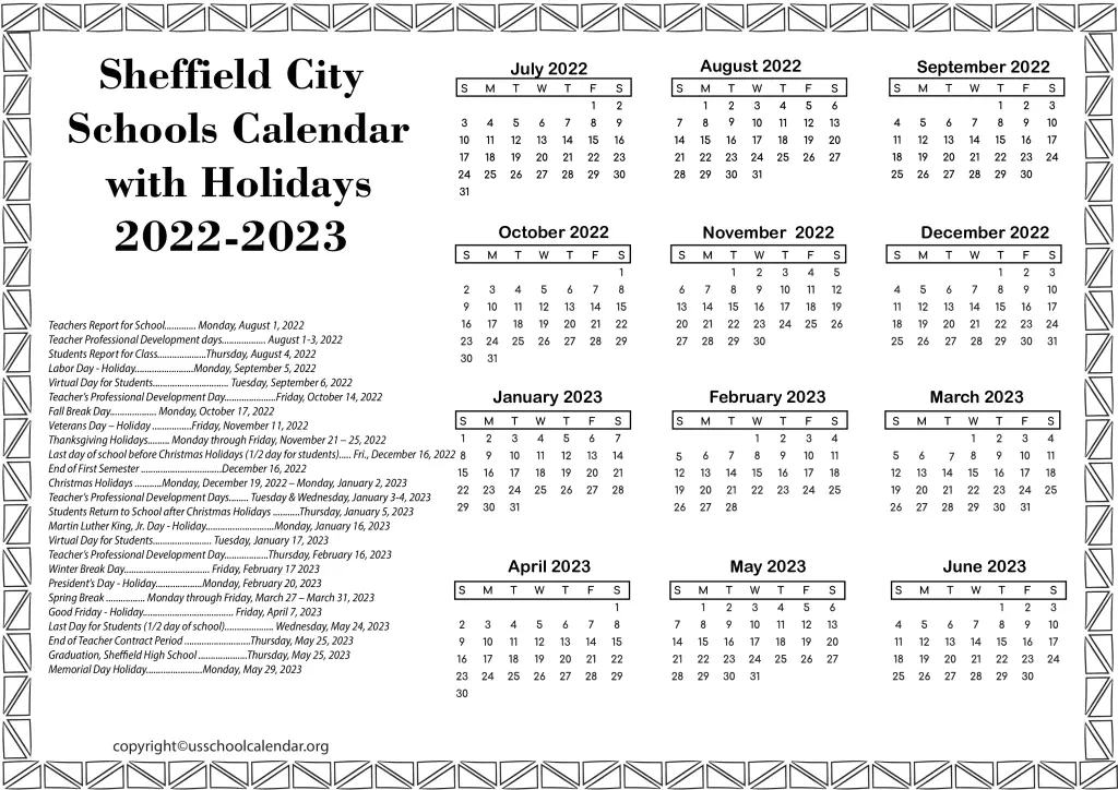 Sheffield City Schools Calendar with Holidays 2022-2023