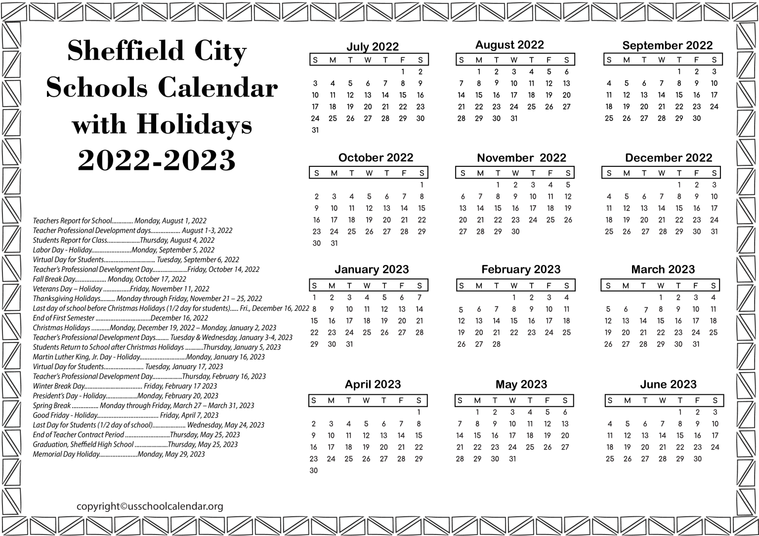 Sheffield City Schools Calendar With Holidays 2022 2023 1536x1086 