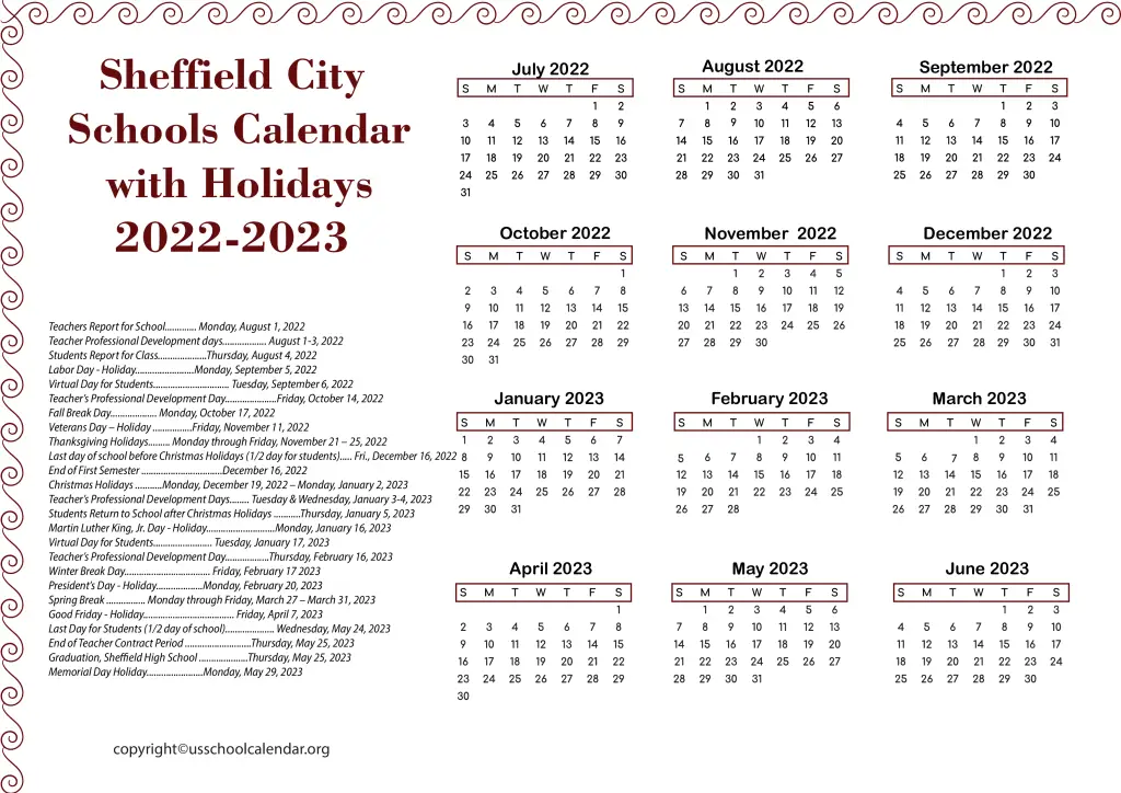 Sheffield City Schools Calendar with Holidays 2022-2023 2